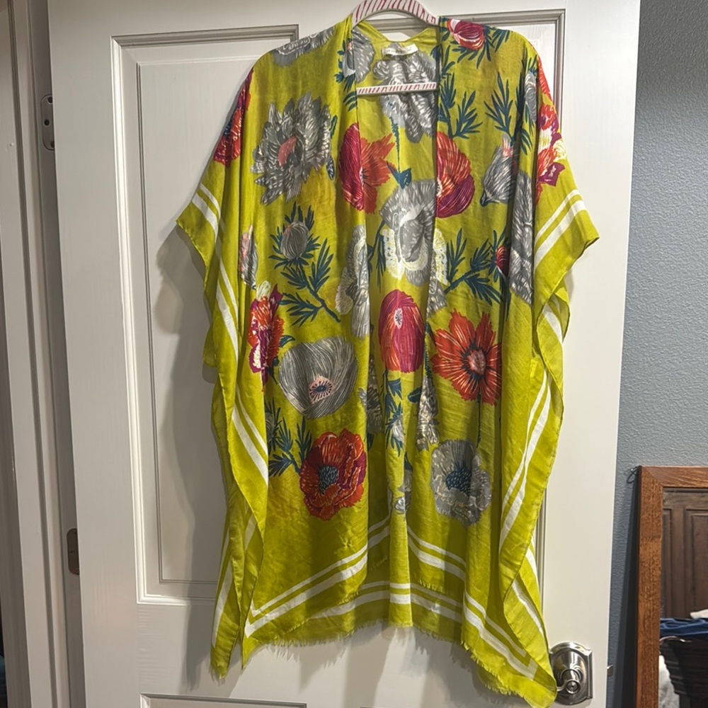 Floral Green Kimono with Red and Grey Accents